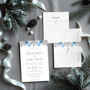 Silver Blue Snowflakes Winter Wedding Invitation Belly Band