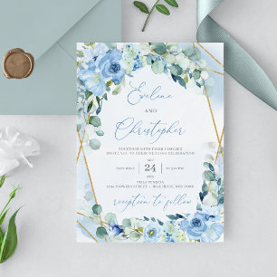 Blue Floral GOld Geometric Rise and Shine Wedding Invitation