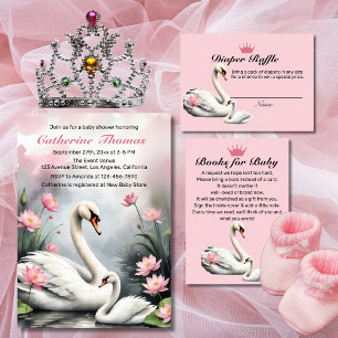 Watercolor Swan Lake Pink Lotus Floral Baby Shower Invitation