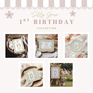 Silly Goose 1st Birthday Green Gingham Invitation