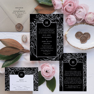 Dramatic Black Elegant Monogram Floral Wreath RSVP Card