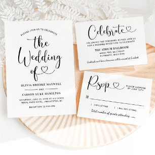 Modern Black Heart Script Wedding QR Code Details Enclosure Card