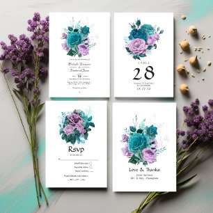 Turquoise and Lavender Floral QR Code Wedding Invitation