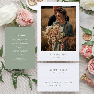 White and Sage Elegant Text and Photo   Wedding Invitation