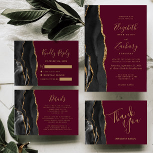 Black Agate Gold Burgundy Wedding Thank You Card