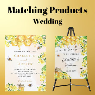 Wedding bees yellow florals honeycomb invitation postcard