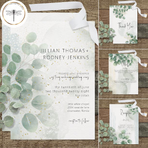 Modern Sage Green Eucalyptus & Gold Wedding Invitation