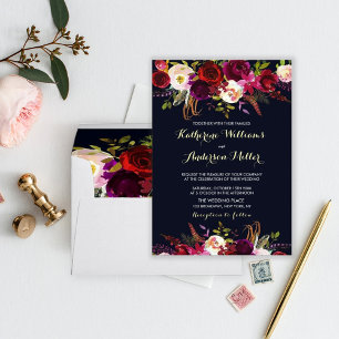 Navy Burgundy Marsala Boho Floral Couples Shower Invitation