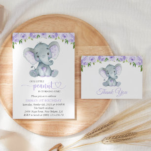 Elephant, Lilac Watercolor Flowers, First Birthday Thank You Card