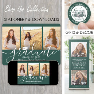 3 Photo Collage Green and White Graduation Party Invitation