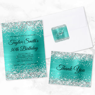 Faux Shiny Silver Glitter Turquoise Foil Monogram Napkin