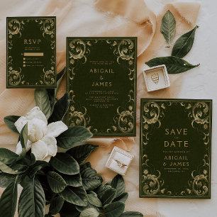 Vintage Olive Green Gold Wedding Save the Date Invitation
