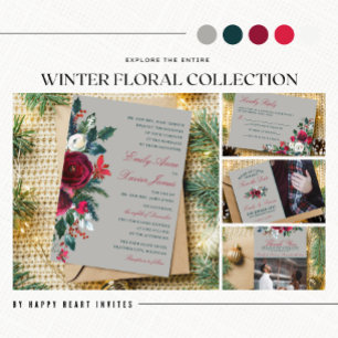 Winter Floral Holiday Christmas December Wedding Invitation