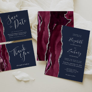 Modern Burgundy Silver Agate Navy Blue Wedding Invitation