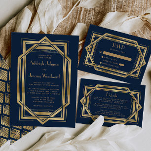 Vintage 1920s Deco Navy Blue Gold Wedding RSVP Enclosure Card