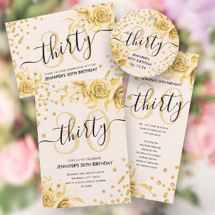 Gold All in One Floral Glitter 30th Birthday  Invitation