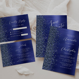 Navy Blue Brushed Metal Script Save the Date Announcement