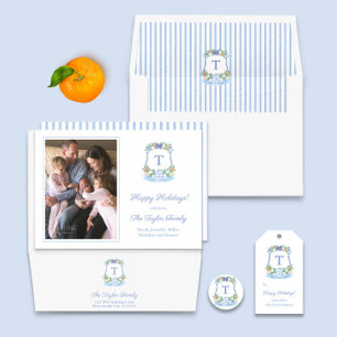 Elegant Blue White Citrus Merry Christmas Photo Holiday Card