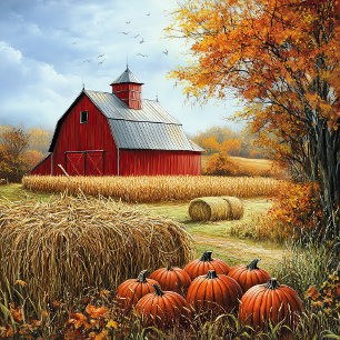 Hello Fall Autumn Thanksgiving Rural Barn Pumpkins Poster