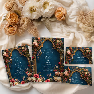 Navy Blue Floral Islamic Wedding RSVP Card