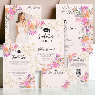 Gold glitter floral watercolor photo graduation invitation