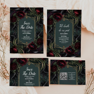 Photo Red Roses Gothic Halloween Wedding Thank You Card