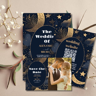 Midnight Blue Gold Celestial Wedding All In One Invitation