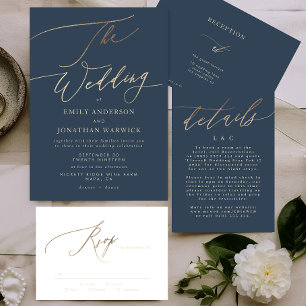 Navy Blue Elegant Gold The Wedding Reception Invitation