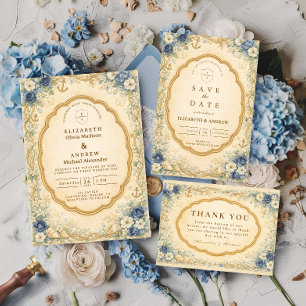 Vintage Navy Nautical Garden Wedding Invitation