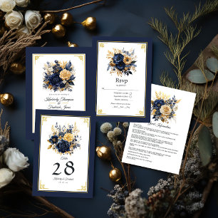 Navy Blue and Gold Floral Wedding Invitation