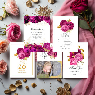 Hot-Pink and Gold Floral Quinceañera RSVP Card