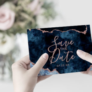 Navy Blue Rose Gold Agate Gilt Wedding Invitations