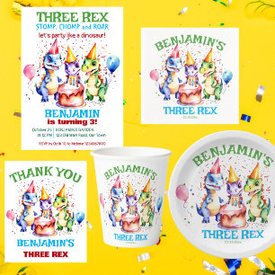 Three rex cute dinosaur birthday party invitation