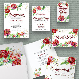 Elegant Red Rose Garlands Watercolor Floral White RSVP Card