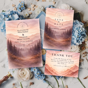 Rustic Woodland Mountain Scene Wedding Invitation