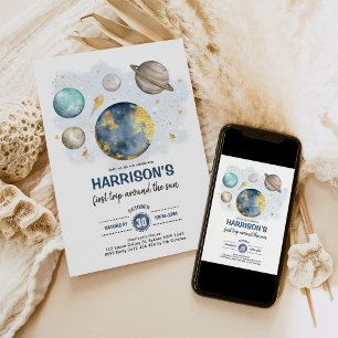 Outer Space Moon Stars Trip Around Sun Birthday Invitation