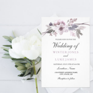 Elegant Purple Flowers Winter Grey Wedding Invitation
