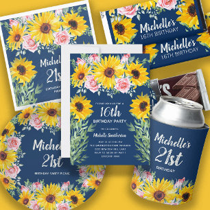 Sunflowers Pink Roses Navy Blue 50th Birthday Invitation