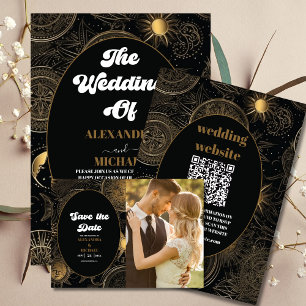 QR Code Celestial Black Gold Wedding All In One Invitation