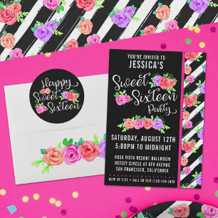 Happy Sweet 16 Birthday Girl Edgy Roses & Black Classic Round Sticker