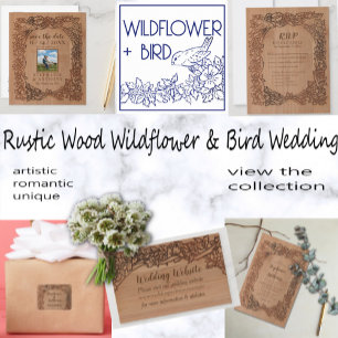 Wood Look Floral Bird Border Rustic Wedding Invitation