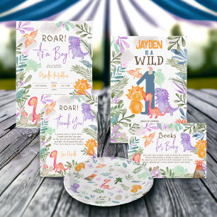 Cute watercolor dinosaurs books for baby shower enclosure card