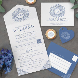 Monogram white blue leaves wedding live stream announcement