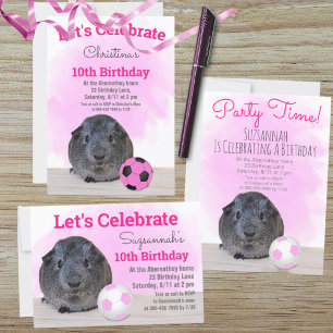 Grey Guinea Pig Girly Pink Soccer Ball Custom Invitation