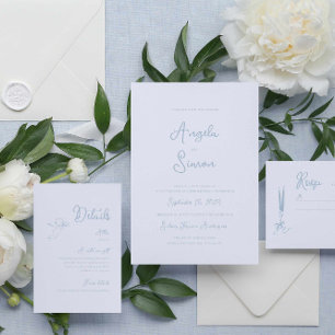Dusty Blue Whimsical Bow Cherub Wedding Invitation
