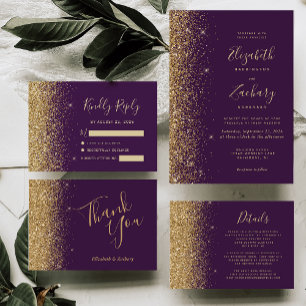 Modern Dark Purple Gold Faux Glitter Edge RSVP Card