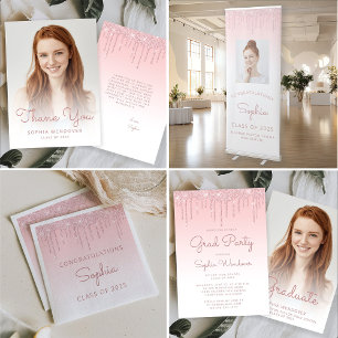 2025 Glam Blush Pink Glitter Drip Photo Graduation Invitation