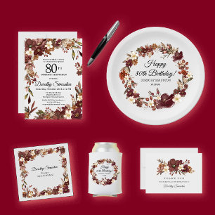 Burgundy Mauve White Fall Flower 80th Birthday Napkin
