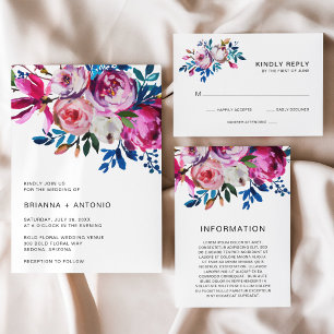 Bright Vibrant Teal Pink Floral Modern Wedding Invitation