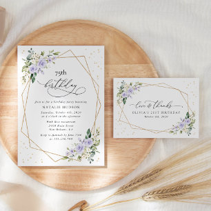 Purple Flowers, White Flowers, Greenery, Birthday Invitation